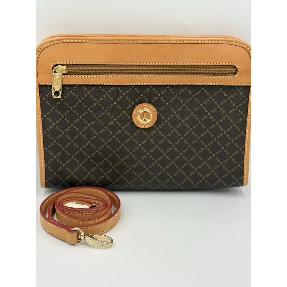 La Tour Eiffel 1887 Crossbody Wristlet Bag Monogram Brown Tan Genuine Leather